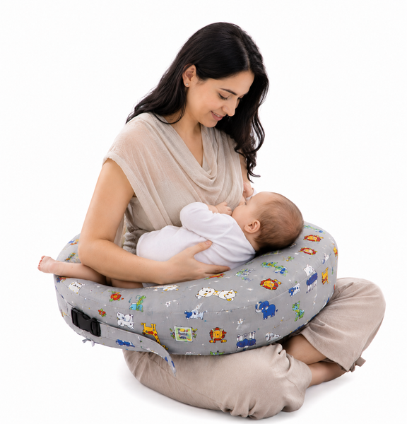 Comfeed By Nina Large Or Twins Feeding Pillow With Back Support & Silent Release Buckle - Grey animals