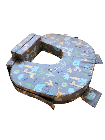Comfeed By Nina Large Or Twins Feeding Pillow With Back Support & Silent Release Buckle - Grey Animals